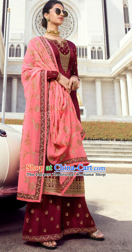 Asian India Traditional Informal Costumes Asia Indian National Punjab Suits Wine Red Satin Blouse Shawl and Loose Pants for Rich Woman