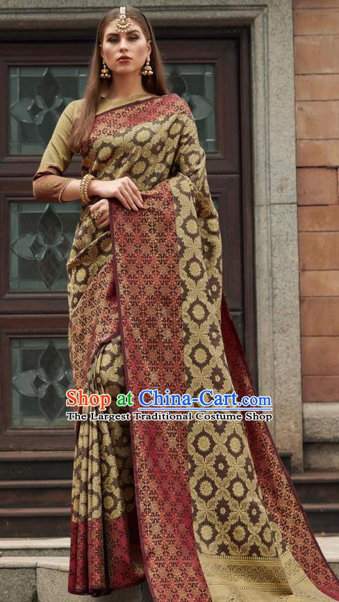 Asian India Court Brown Silk Saree Traditional Bollywood Dance Costumes Asia Indian National Festival Blouse and Sari Dress for Women