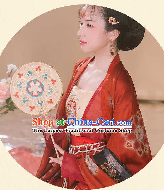 Traditional Chinese Tang Dynasty Noble Concubine Historical Costumes Ancient Court Woman Hanfu Garment Printing Red Chiffon Cloak Blouse Camisole and Skirt Full Set