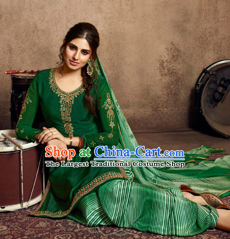 Asian India Traditional Civilian Woman Costumes Asia Indian National Punjab Suits Green Crepe Long Blouse Shawl and Loose Pants Full Set