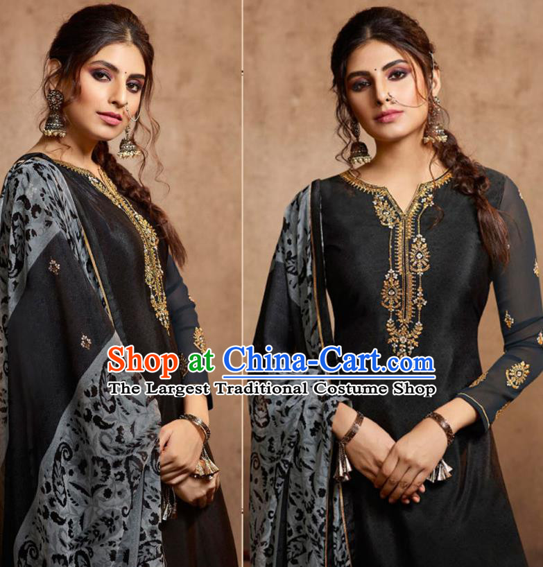 Asian India Traditional Civilian Woman Costumes Asia Indian National Punjab Suits Black Crepe Long Blouse Shawl and Loose Pants Full Set