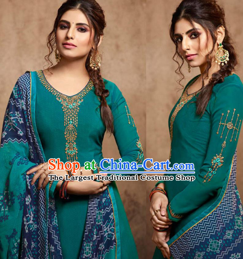 Asian India Traditional Civilian Woman Costumes Asia Indian National Punjab Suits Teal Crepe Long Blouse Shawl and Loose Pants Full Set