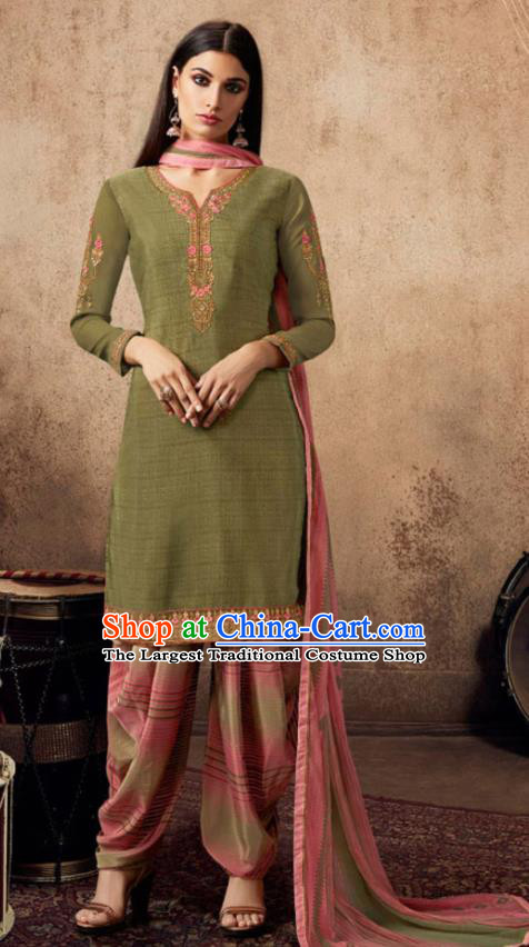 Asian India Traditional Civilian Woman Costumes Asia Indian National Punjab Suits Olive Green Crepe Long Blouse Shawl and Loose Pants Full Set