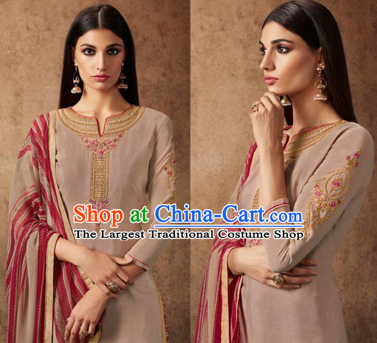 Asian India Traditional Civilian Woman Costumes Asia Indian National Punjab Suits Light Brown Crepe Long Blouse Shawl and Loose Pants Full Set