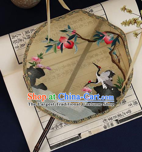 China Handmade Hanfu Fan Embroidered Crane Peach Palace Fan Traditional Yellow Silk Fan