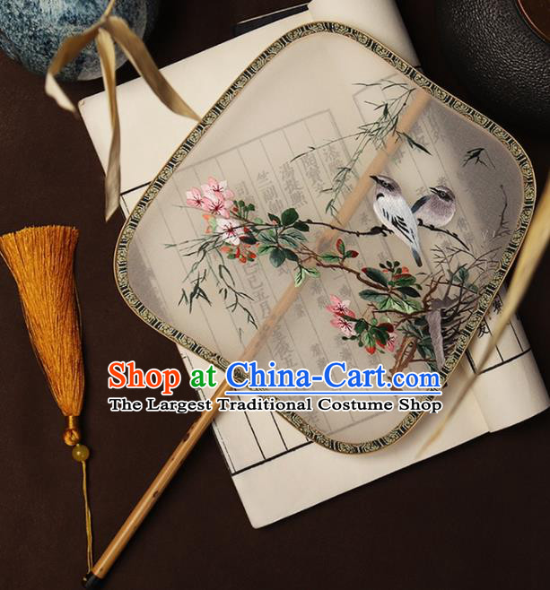 China Traditional White Silk Fan Handmade Hanfu Fan Embroidered Flowers Bird Palace Fan