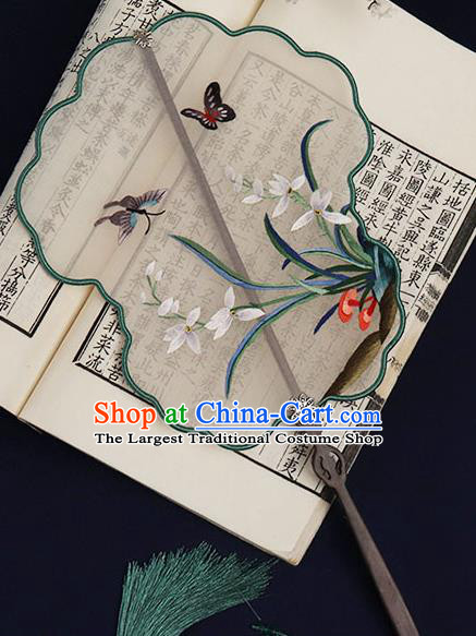 China Traditional Wedding White Silk Fan Embroidered Orchids Palace Fan Handmade Bride Ebony Hanfu Fan