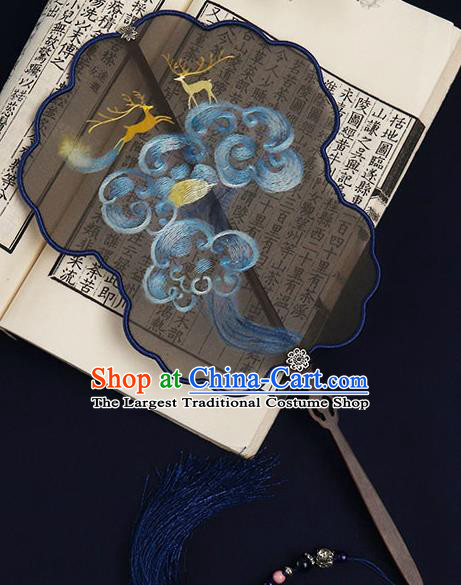 China Handmade Double Side Hanfu Fan Traditional Bride Black Silk Fan Suzhou Embroidered Deer Palace Fan