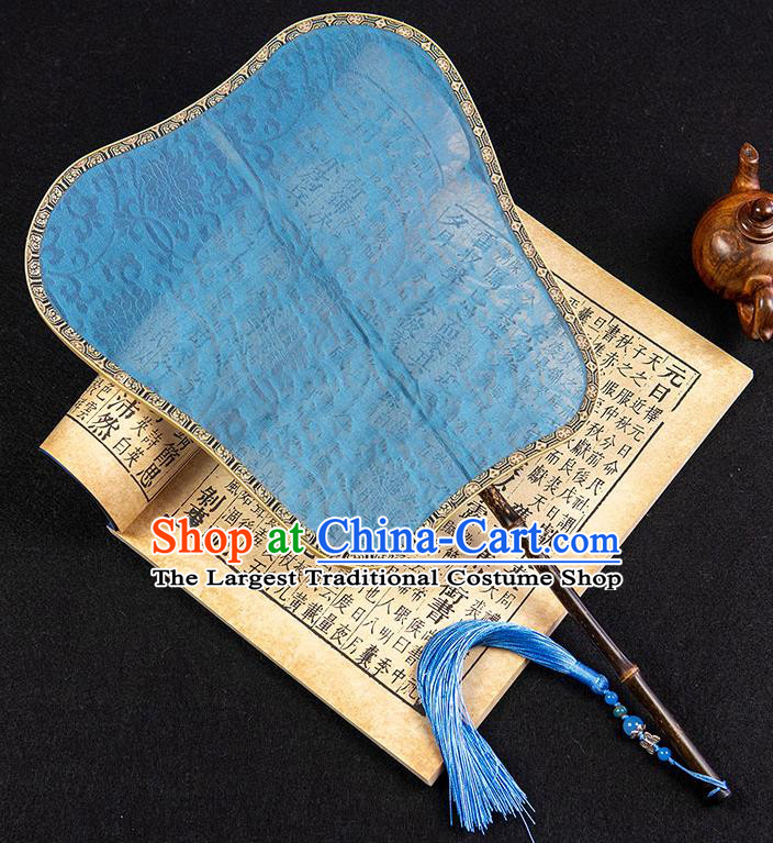 China Classical Hanfu Fan Handmade Palm Leaf Palace Fan Traditional Ancient Princess Jacquard Blue Silk Fan