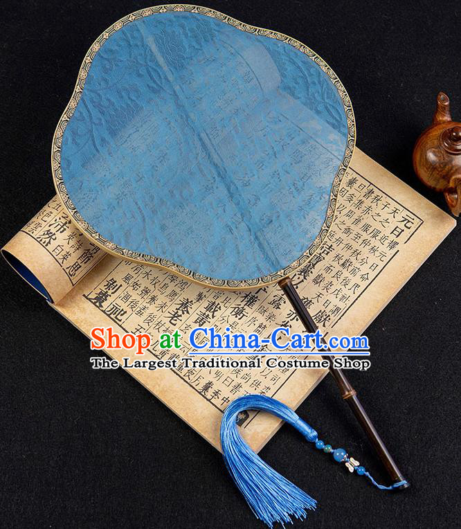 China Classical Hanfu Fan Traditional Ancient Princess Jacquard Blue Silk Fan Handmade Palace Fan