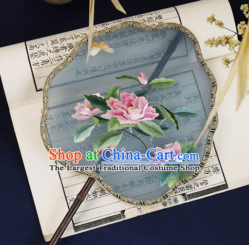 China Embroidered Peony Palace Fan Handmade Ebony Hanfu Fan Traditional Blue Silk Fan