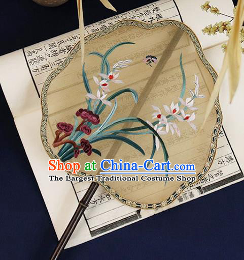 China Embroidered Orchids Palace Fan Handmade Ebony Hanfu Fan Traditional Yellow Silk Fan