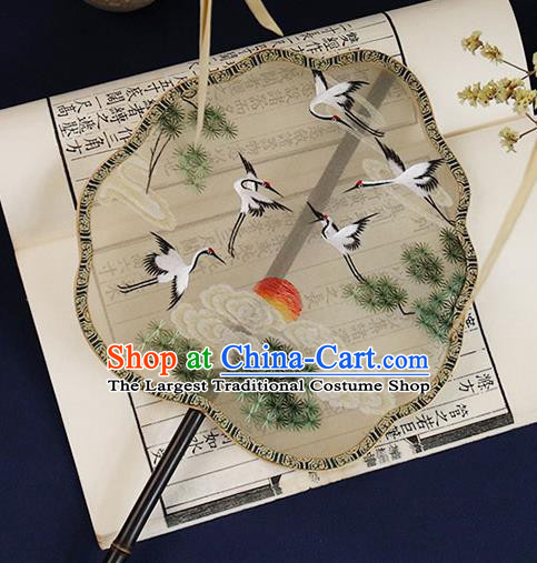 China Embroidered Pine Crane Palace Fan Traditional Silk Fan Handmade Ebony Hanfu Fan