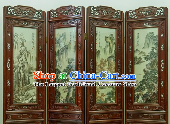 Handmade China Carving Rosewood Folding Screen Embroidered Furniture Ornaments