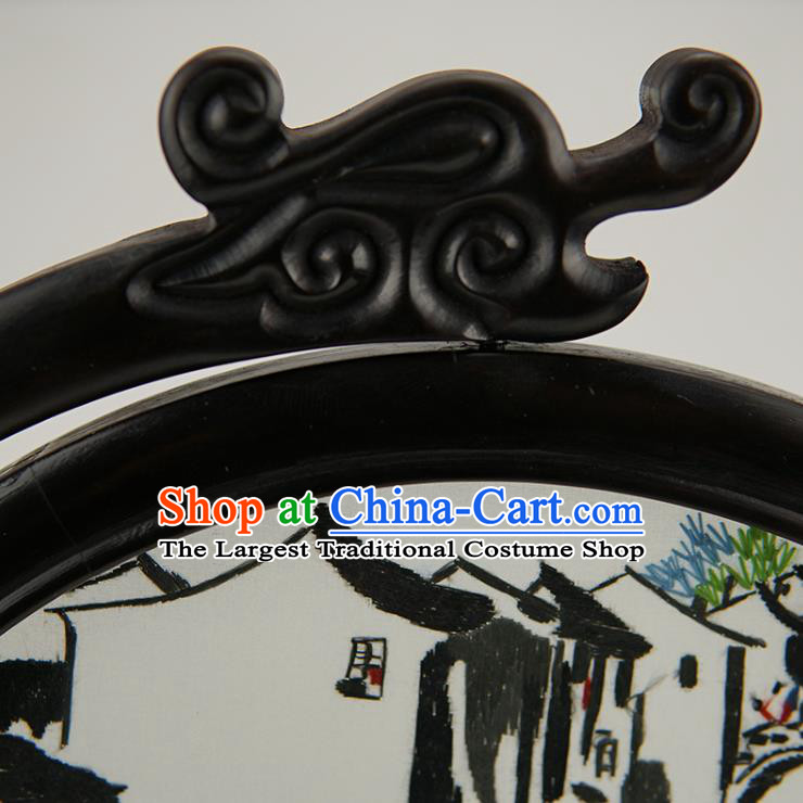Handmade China Suzhou Embroidery Craft Table Ornament Suzhou Embroidered Waterside Sandalwood Desk Screen