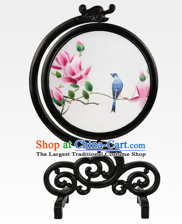 Handmade Sandalwood Table Ornament China Suzhou Embroidery Silk Craft Embroidered Mangnolia Bird Desk Screen