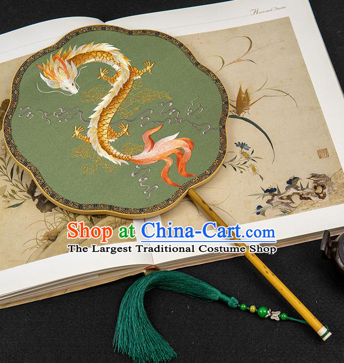 China Traditional Embroidered Dragon Fan Classical Hanfu Green Silk Fan Handmade Wedding Palace Fan