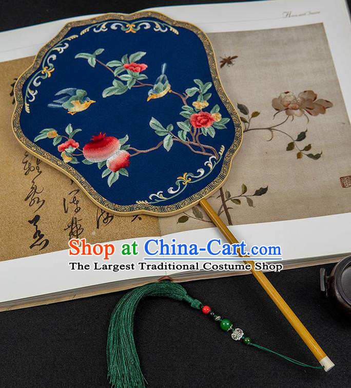 China Traditional Embroidered Pomegranate Fan Handmade Wedding Palace Fan Classical Hanfu Deep Blue Silk Fan