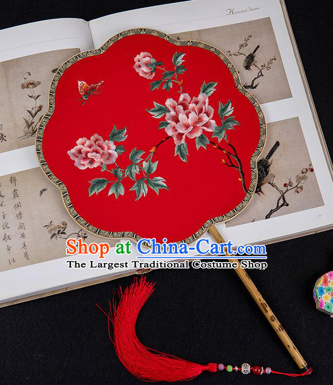 China Handmade Wedding Palace Fan Traditional Embroidered Peony Fan Classical Hanfu Red Silk Fan