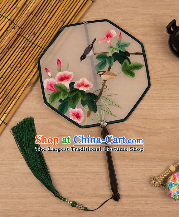 China Traditional Embroidered Azalea Bird Fan Classical Hanfu Silk Fan Handmade Ancient Princess Palace Fan