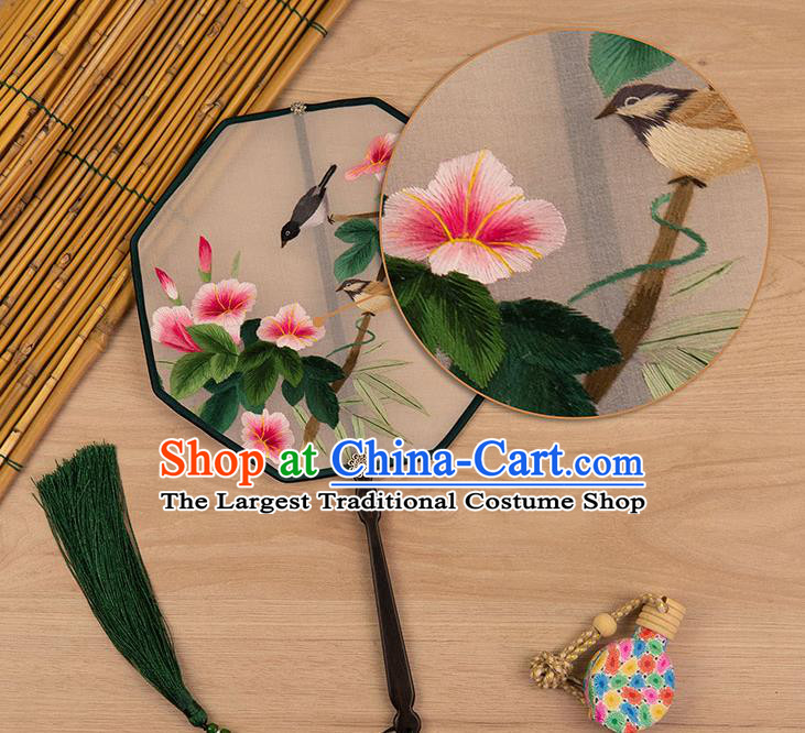 China Traditional Embroidered Azalea Bird Fan Classical Hanfu Silk Fan Handmade Ancient Princess Palace Fan
