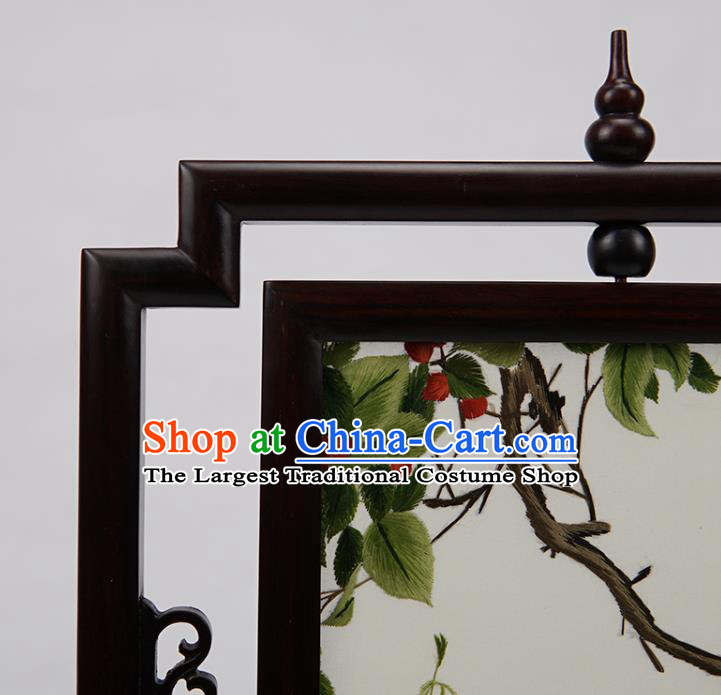 Handmade China Suzhou Embroidery Craft Embroidered Double Side Desk Screen Rosewood Table Ornament