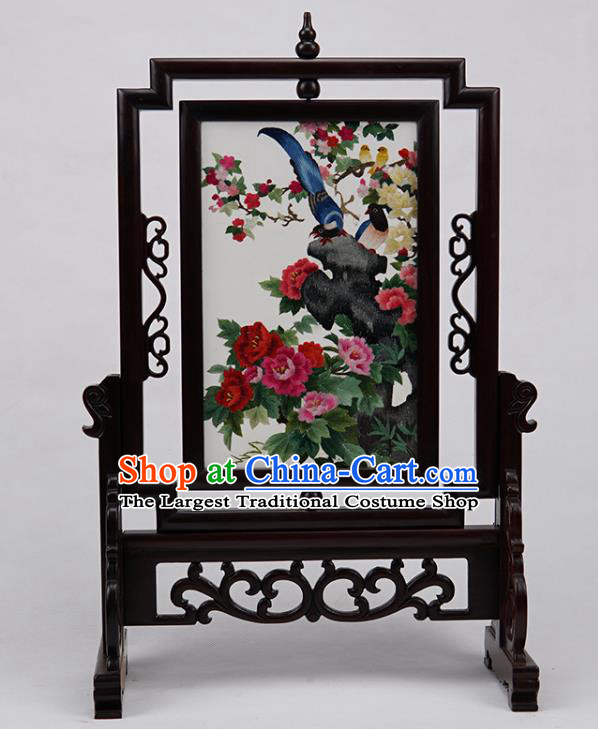 Handmade China Suzhou Embroidery Peony Craft Embroidered Double Side Desk Screen Rosewood Table Ornament