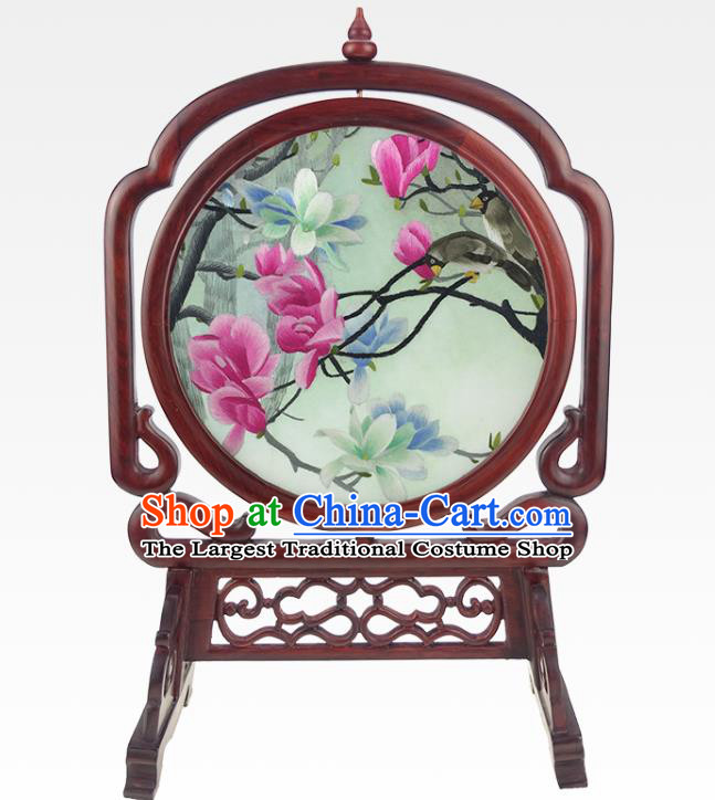 China Embroidered Mangnolia Craft Handmade Table Ornament Traditional Rosewood Desk Screen