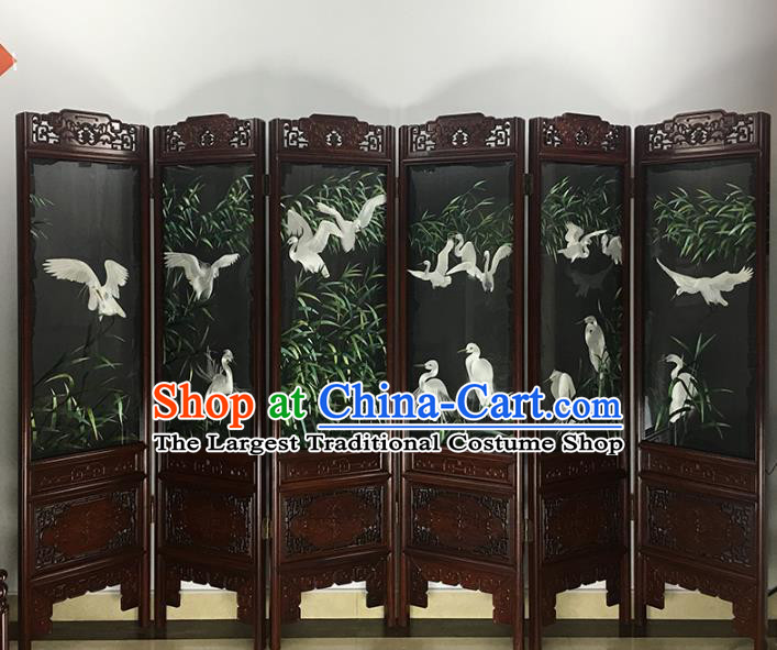 China Suzhou Embroidered Craft Handmade Furniture Ornament Traditional Embroidery Bamboo Cranes Rosewood Folding Screen