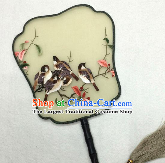 China Traditional Classical Dance Palace Fan Handmade Suzhou Embroidered Birds Silk Fan