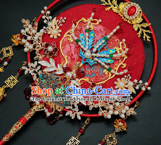 China Traditional Handmade Blueing Phoenix Palace Fan Classical Wedding Red Tassel Circular Fan