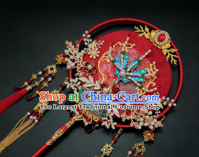 China Traditional Handmade Blueing Phoenix Palace Fan Classical Wedding Red Tassel Circular Fan