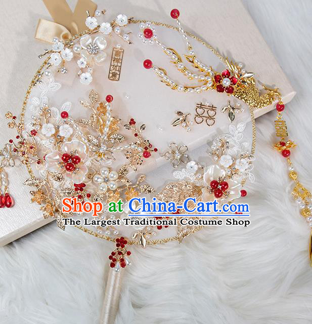 China Traditional Handmade Shell Plum Blossom Palace Fan Classical Wedding Golden Phoenix Circular Fan