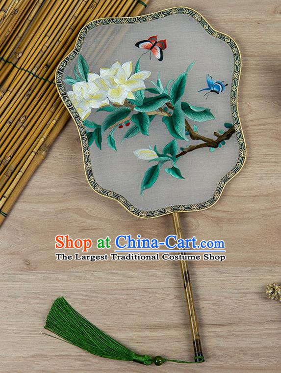 China Handmade Mottled Bamboo Palace Fan Traditional Silk Fan Classical Hanfu Accessories Embroidered Fan