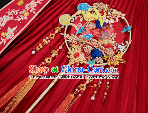China Traditional Red Ribbon Tassel Silk Fan Classical Wedding Golden Phoenix Circular Fan Handmade Palace Fan