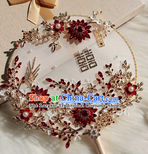 China Traditional Red Crystal Fan Classical Wedding Lace Flowers Circular Fan Handmade Palace Fan