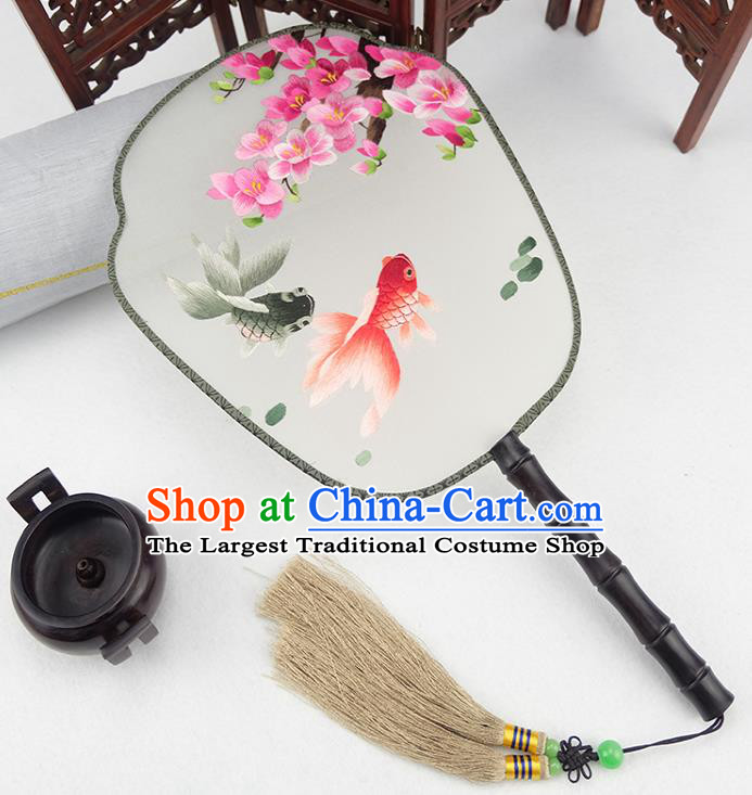 China Handmade Rosewood Palace Fan Traditional Silk Fan Embroidered Peach Blossom Goldfish Fan