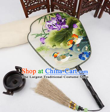 China Embroidered Mandarin Duck Lotus Silk Fan Handmade Palace Fan Traditional Rosewood Fan
