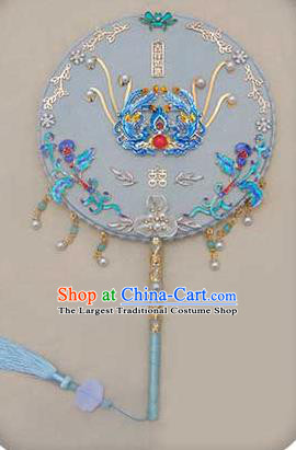 China Traditional Blueing Phoenix Fan Handmade Shell Flower Palace Fan Classical Wedding White Circular Fan