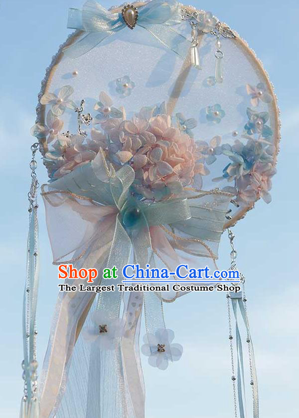 China Traditional Bride Blue Silk Circular Fan Classical Dance Ribbon Fan Handmade Wedding Palace Fan