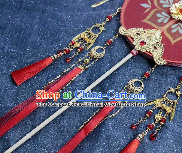 China Traditional Tang Dynasty Bride Circular Fan Classical Dance Red Silk Rose Fan Handmade Wedding Palace Fan