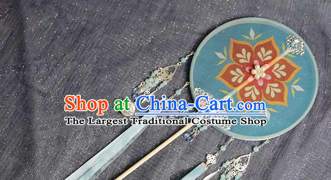 China Traditional Tang Dynasty Blue Silk Circular Fan Handmade Wedding Palace Fan Classical Dance Bride Fan