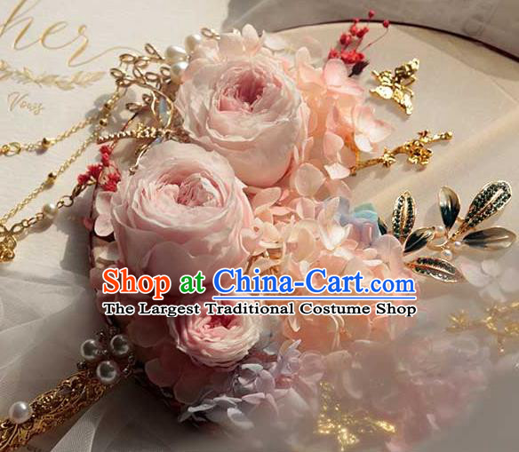 China Handmade Wedding Tassel Palace Fan Traditional Bride Pink Rose Silk Fan Classical Dance Circular Fan