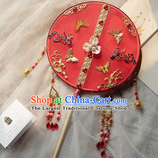 China Classical Dance Red Silk Circular Fan Handmade Wedding Palace Fan Traditional Bride Blueing Phoenix Fan