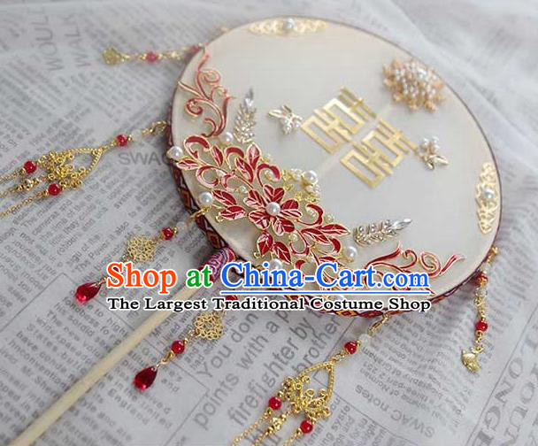 China Classical Dance Enamel Red Flower Circular Fan Handmade Wedding Palace Fan Traditional Bride Fan