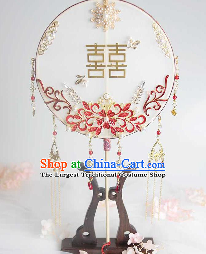 China Classical Dance Enamel Red Flower Circular Fan Handmade Wedding Palace Fan Traditional Bride Fan