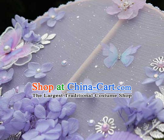 China Traditional Bride Lilac Silk Fan Classical Dance Circular Fan Handmade Wedding Purple Flowers Butterfly Palace Fan