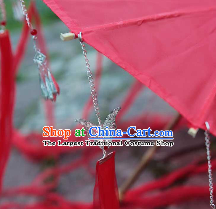 China Handmade Red Silk Umbrella Traditional Ribbon Tassel Umbrella
