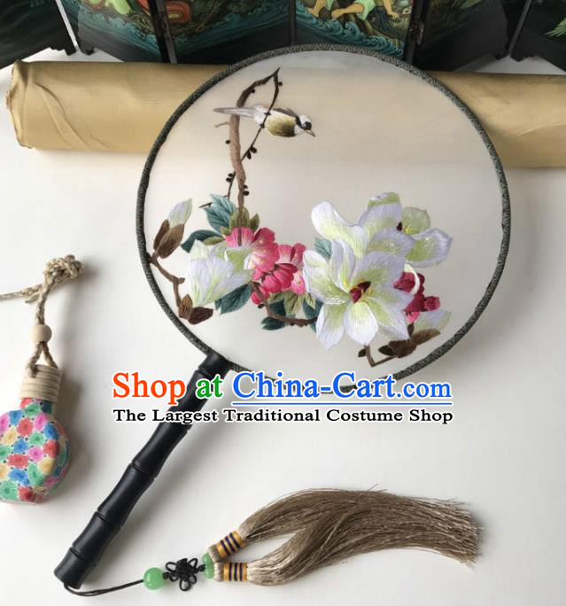 China Traditional Embroidery Mangnolia Hanfu Fan Handmade Palace Fan Embroidered Silk Circular Fans
