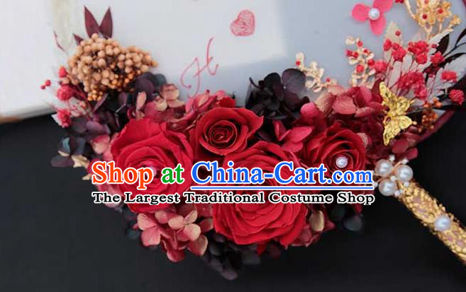 China Handmade Wedding Palace Fan Classical Dance Fan Traditional Bride Rose Flowers Fan